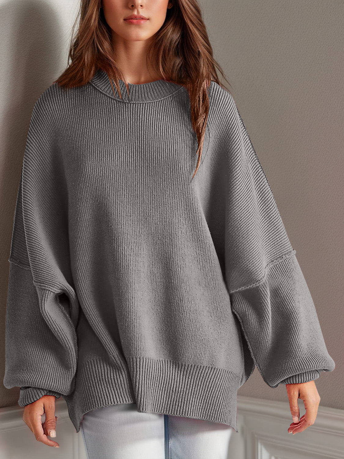 LIZAKOSHT  -  Double Take Side Slit Round Neck Long Sleeve Sweater