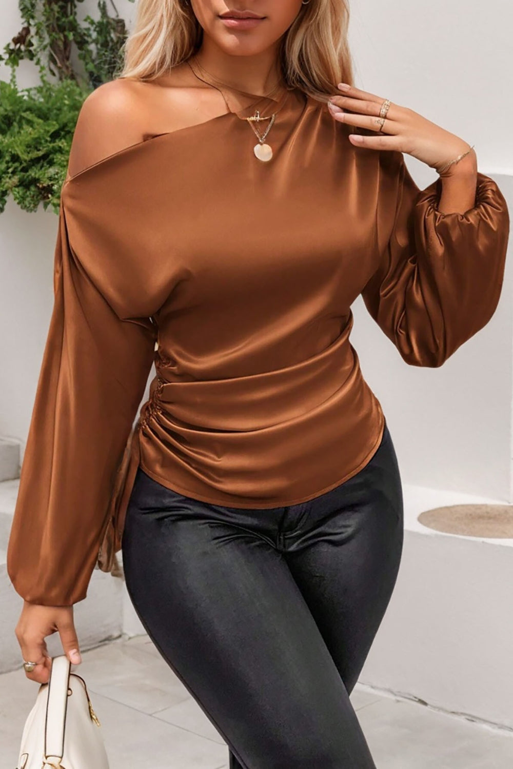 LIZAKOSHT  -  Drawstring One Shoulder Long Sleeve Blouse