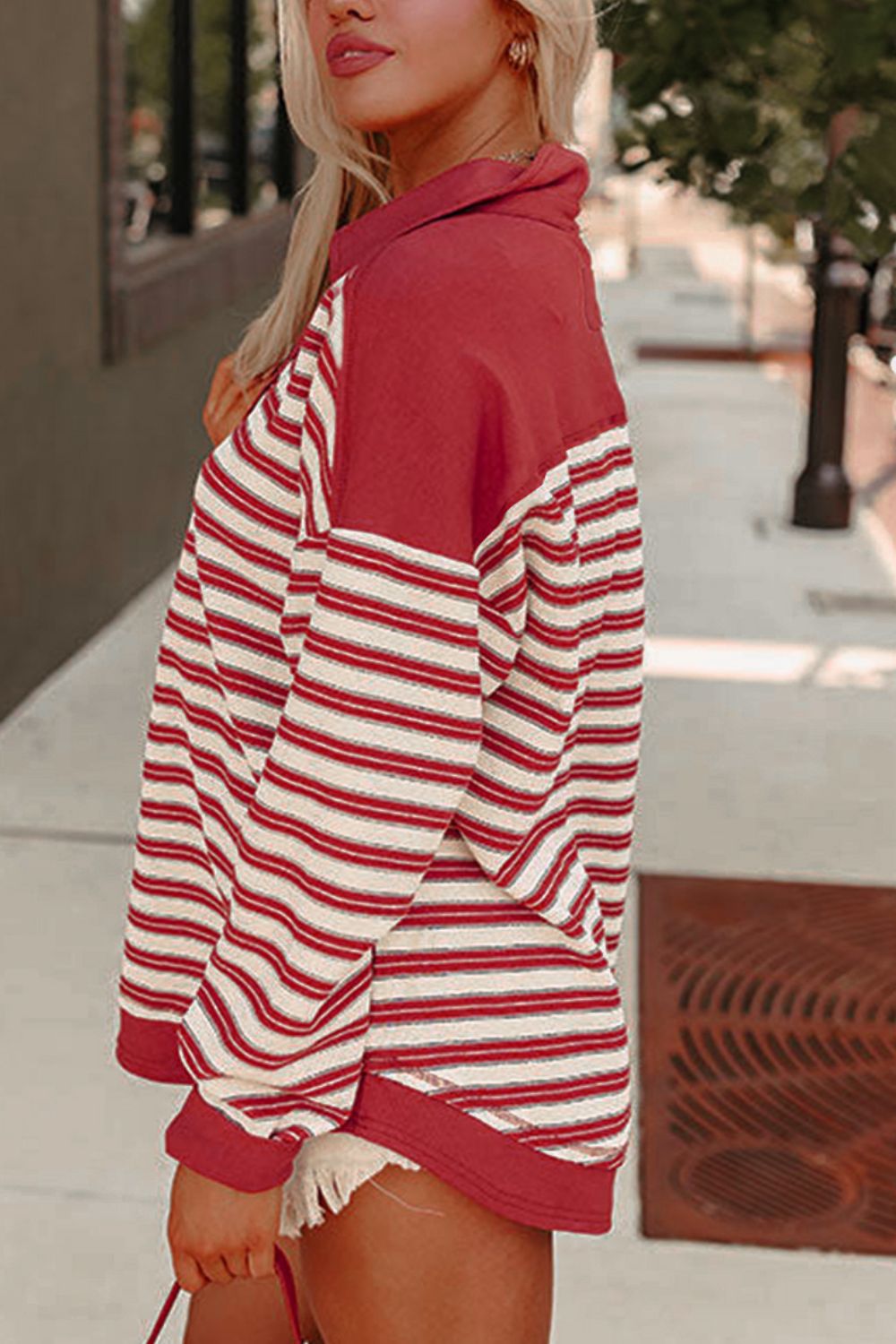 LIZAKOSHT  -  Stripe Johnny Collar Drop Shoulder Sweatshirt