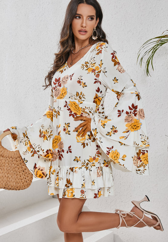 LIZAKOSHT  -  Printed V-Neck Flare Sleeve Mini Dress