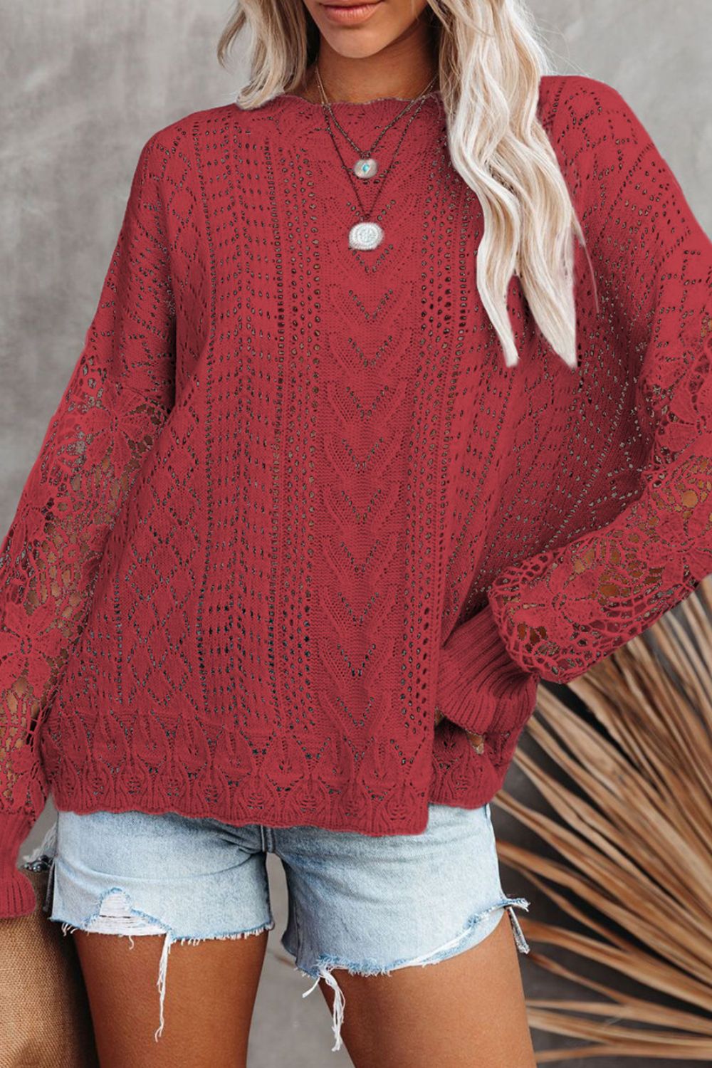 LIZAKOSHT  -  Openwork Round Neck Long Sleeve Sweater