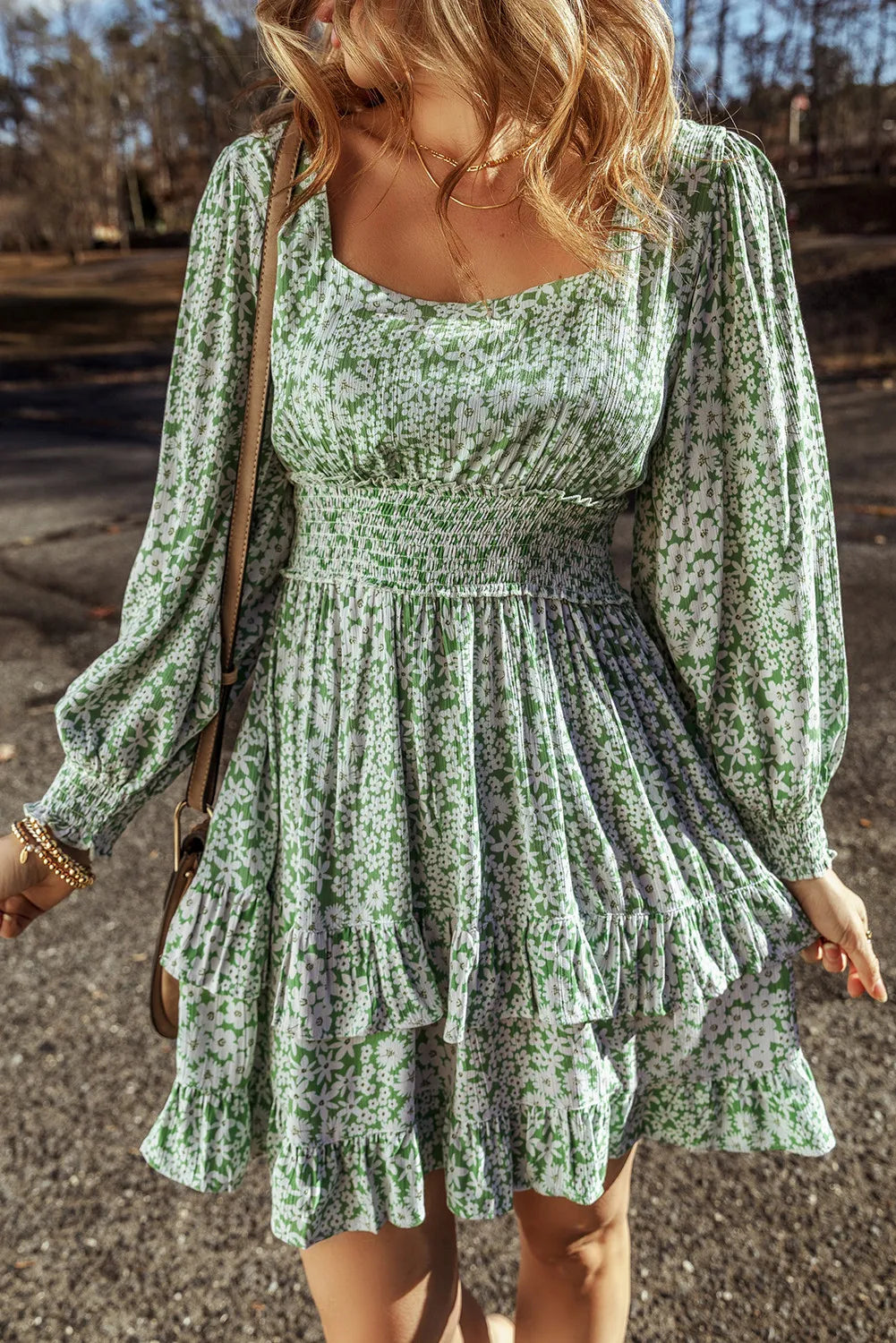 LIZAKOSHT  -  Ruffle Hem Floral Square Neck Long Sleeve Dress