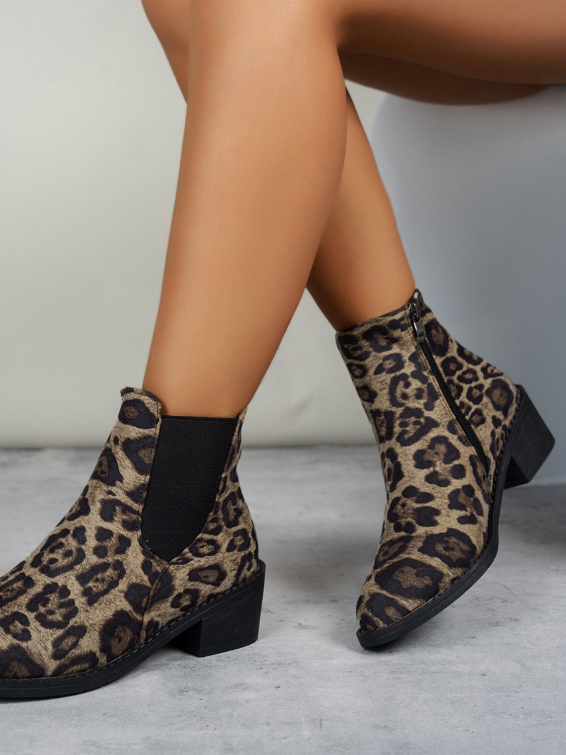 LIZAKOSHT  -  Leopard Point Toe Block Heel Boots