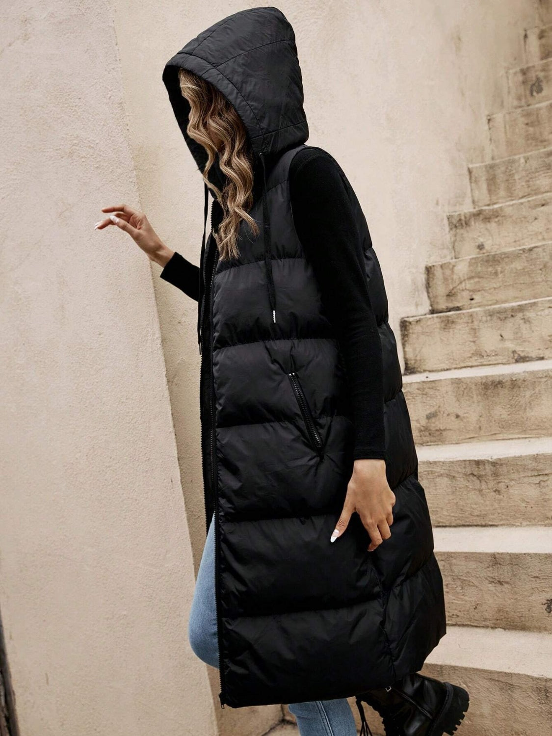 LIZAKOSHT  -  Drawstring Zip Up Hooded Longline Vest Coat