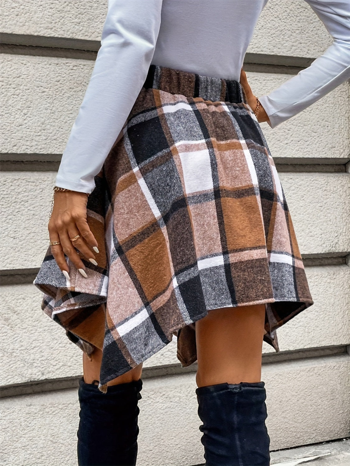 LIZAKOSHT  -  Tied Plaid Asymmetrical Hem Skirt