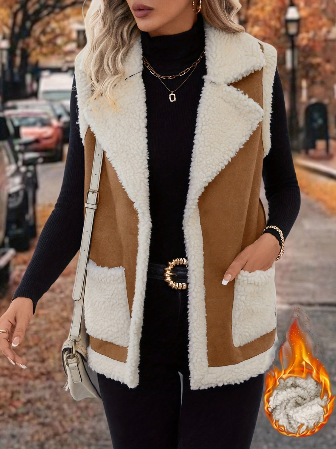 LIZAKOSHT  -  Full Size Contrast Open Front Sherpa Vest Coat