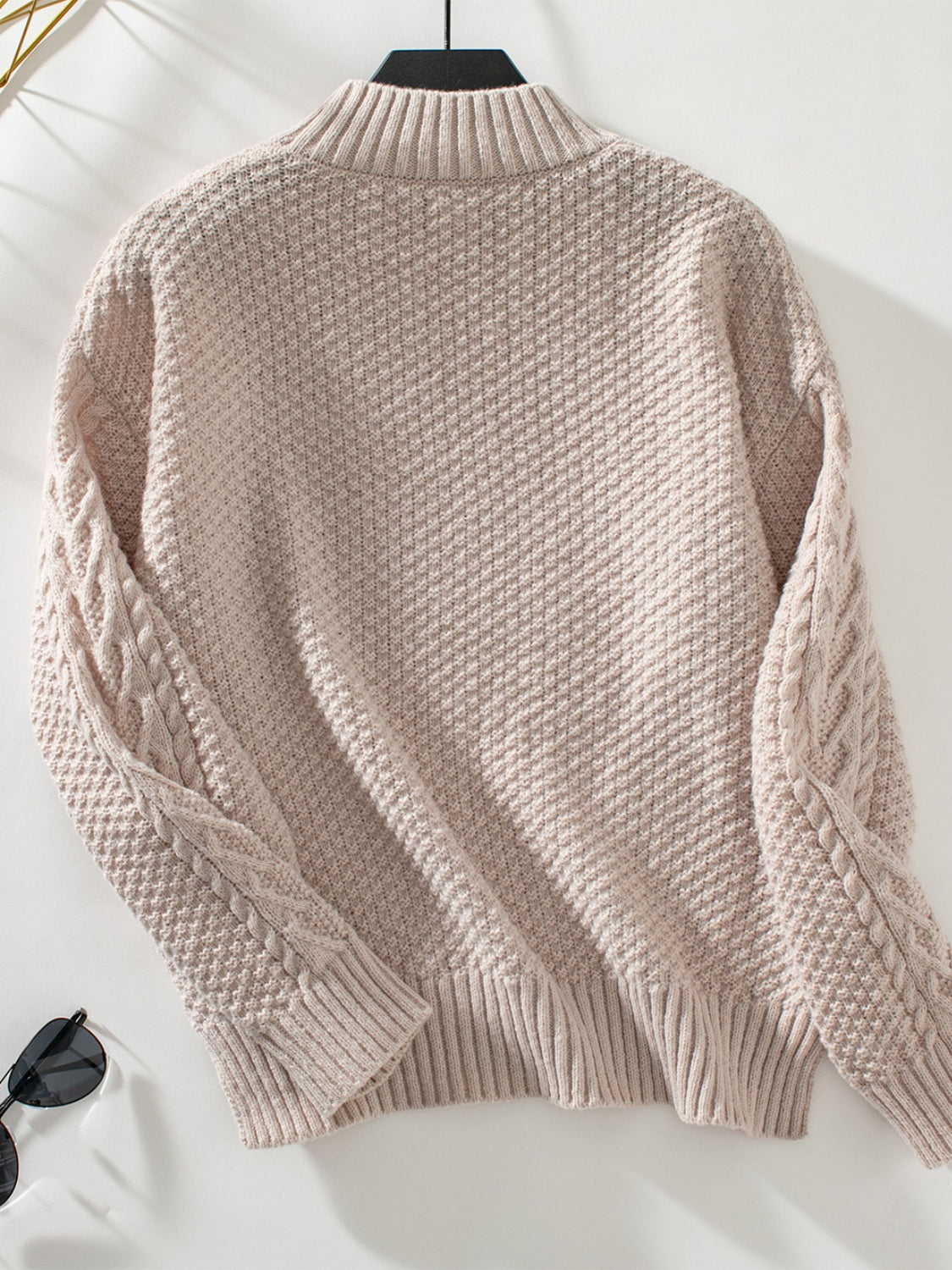 LIZAKOSHT  -  Cable-Knit Mock Neck Long Sleeve Sweater