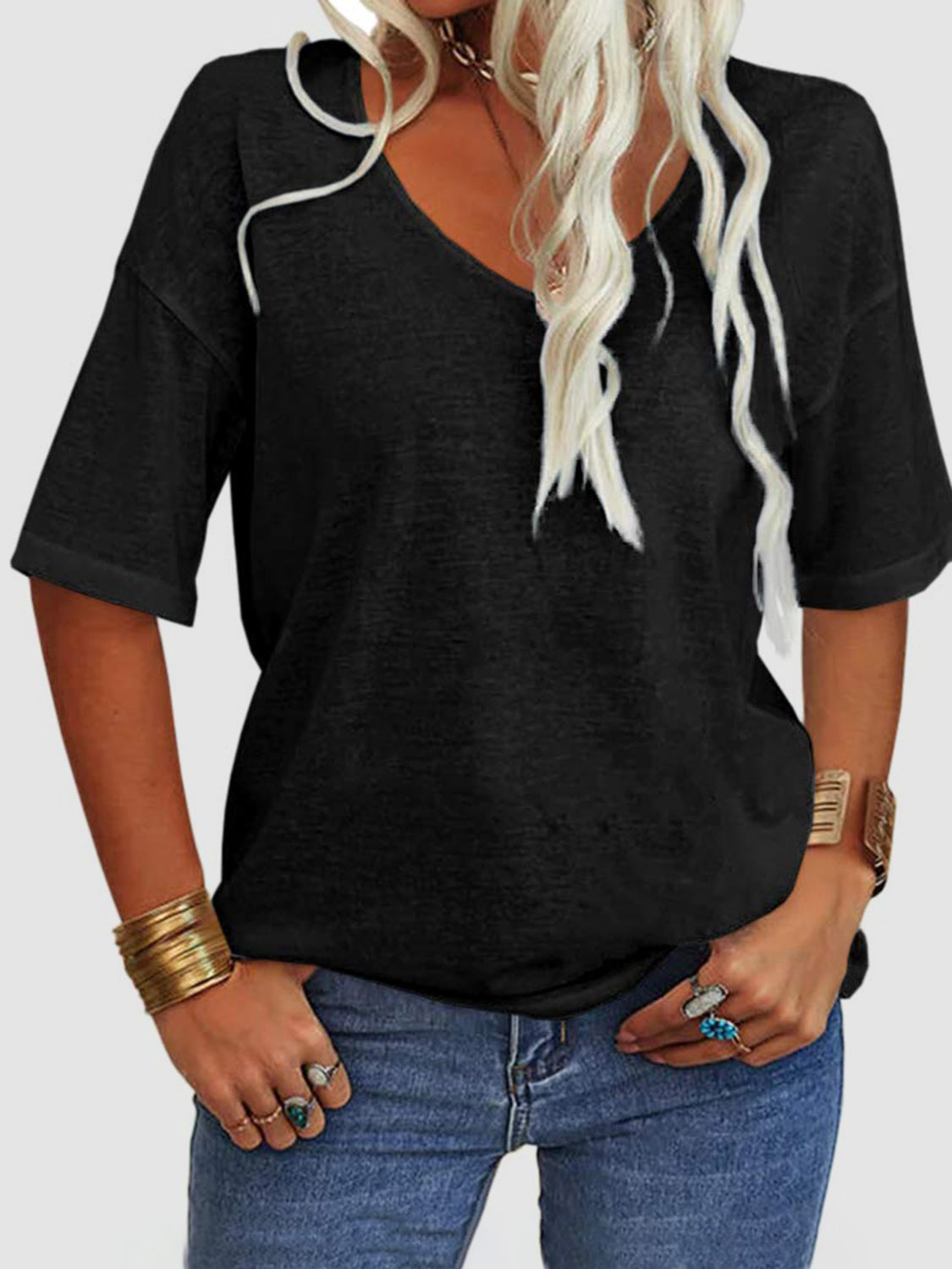 LIZAKOSHT  -  V-Neck Dropped Shoulder Half Sleeve T-Shirt