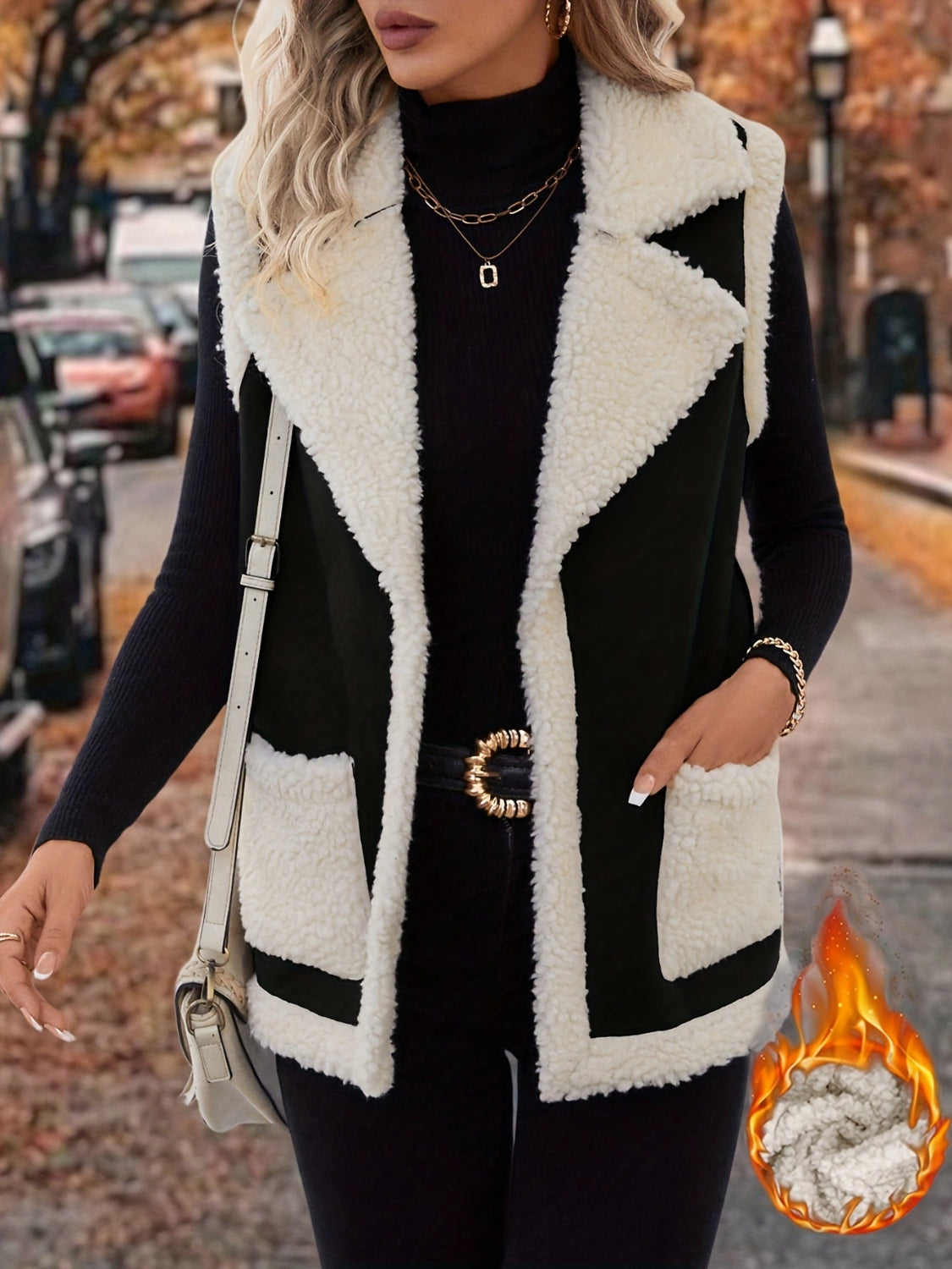 LIZAKOSHT  -  Full Size Contrast Open Front Sherpa Vest Coat