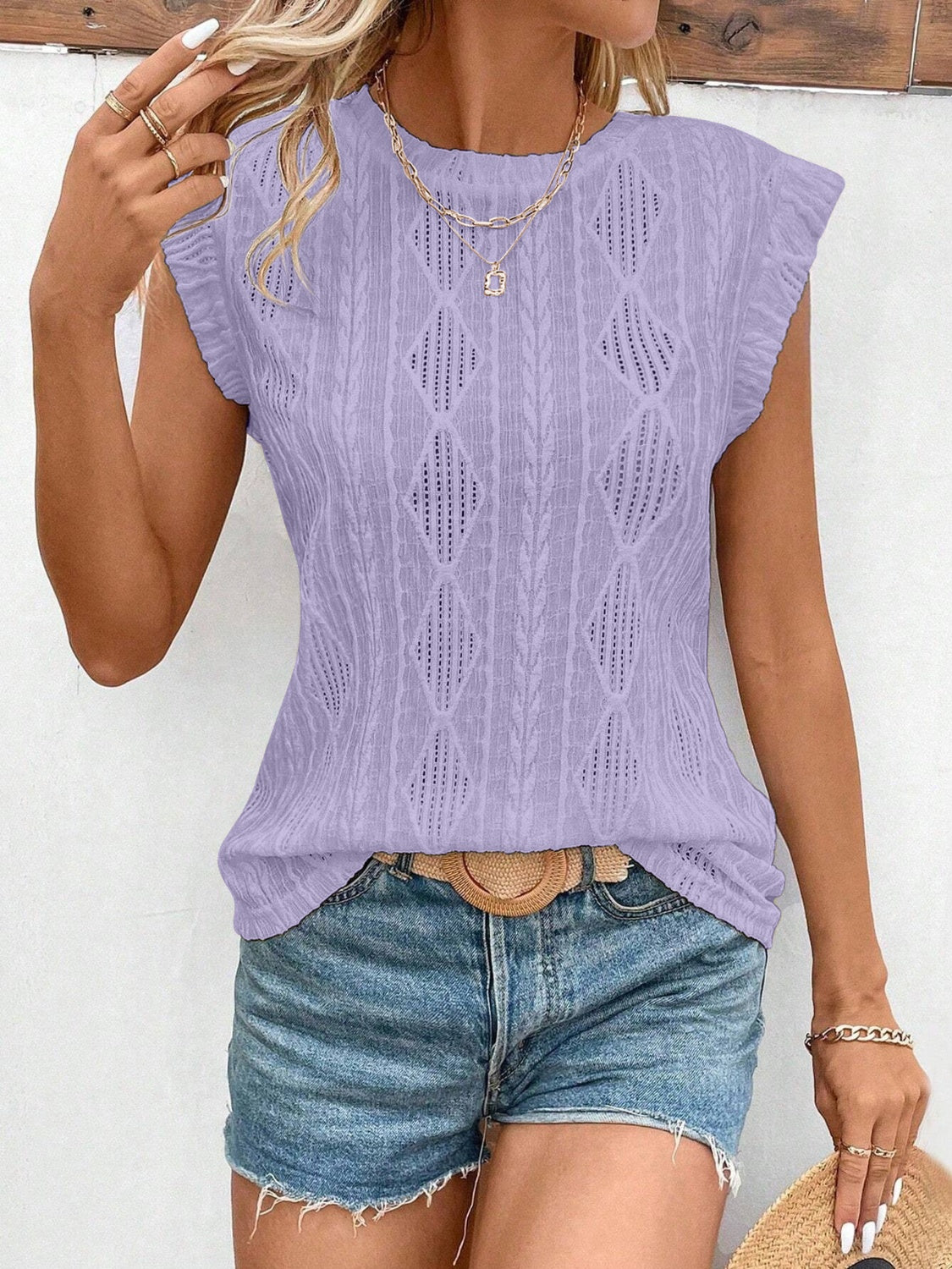 LIZAKOSHT  -  Openwork Round Neck Cap Sleeve Top