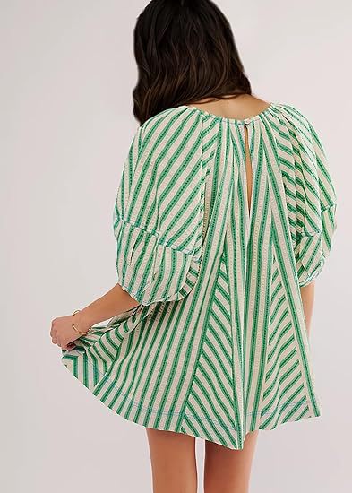 LIZAKOSHT  -  Womens Striped Romper Casual Loose Puff Sleeve Wide Leg Jumpsuit Overall with Pockets