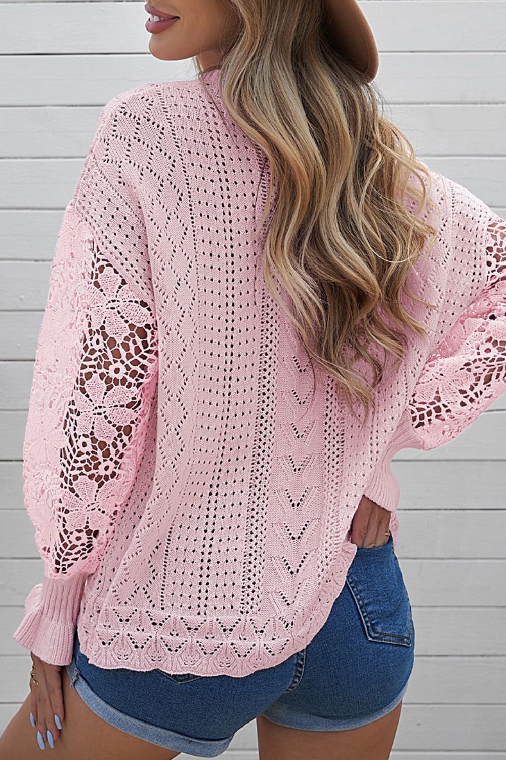 LIZAKOSHT  -  Openwork Round Neck Long Sleeve Sweater