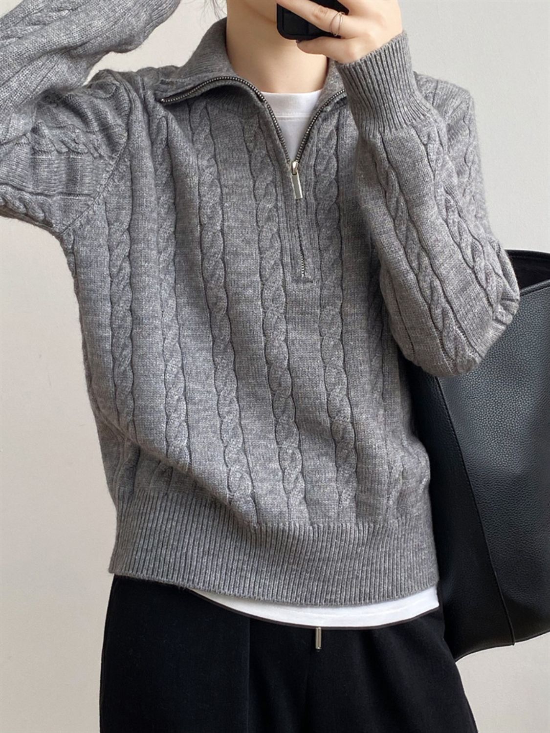 LIZAKOSHT  -  Cable-Knit Half Zip Long Sleeve Sweater