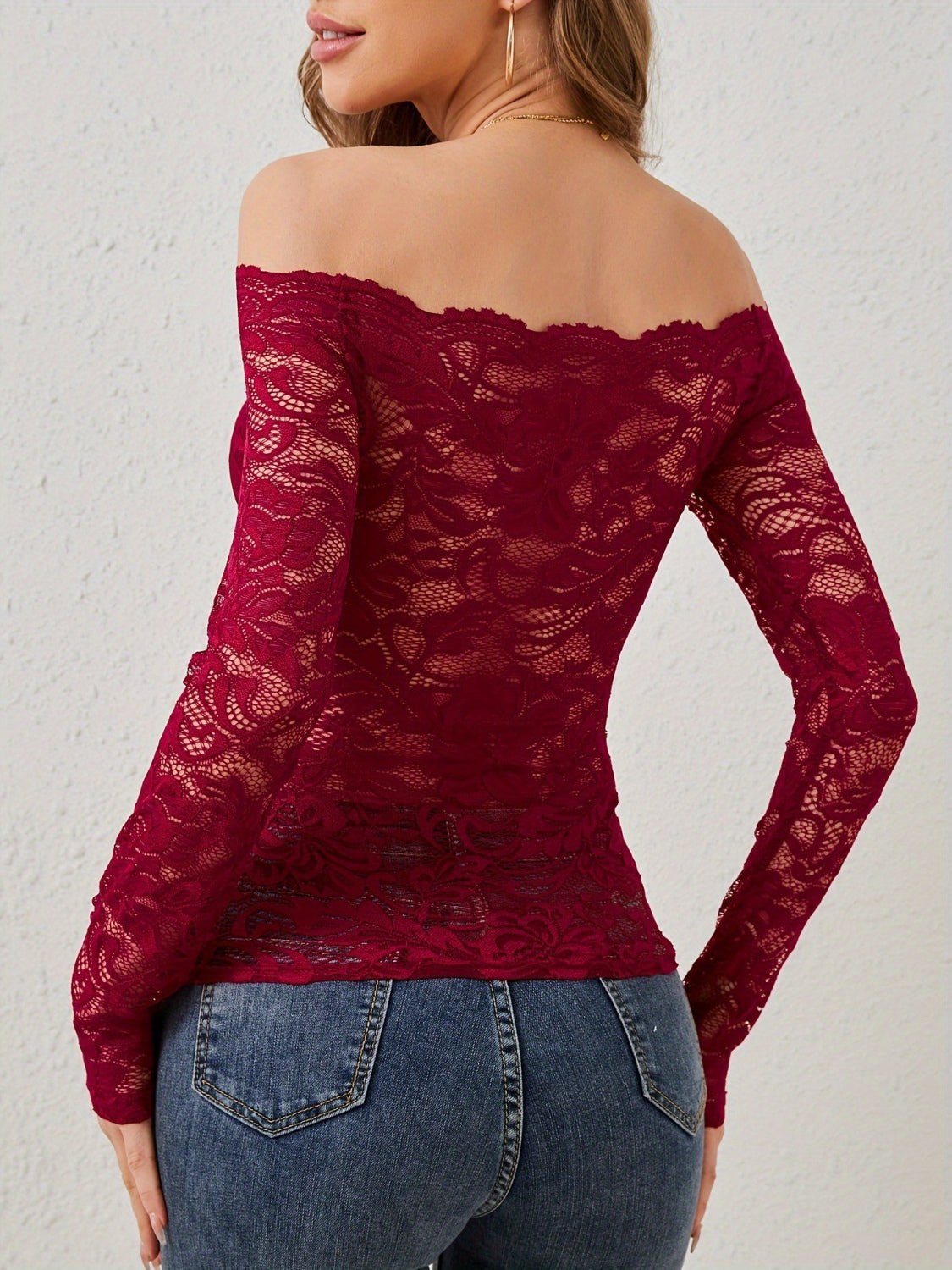 LIZAKOSHT  -  Off-Shoulder Long Sleeve Lace Top