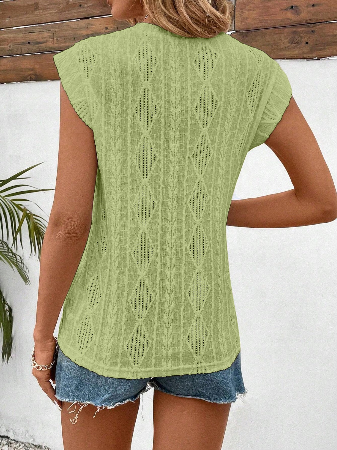 LIZAKOSHT  -  Openwork Round Neck Cap Sleeve Top