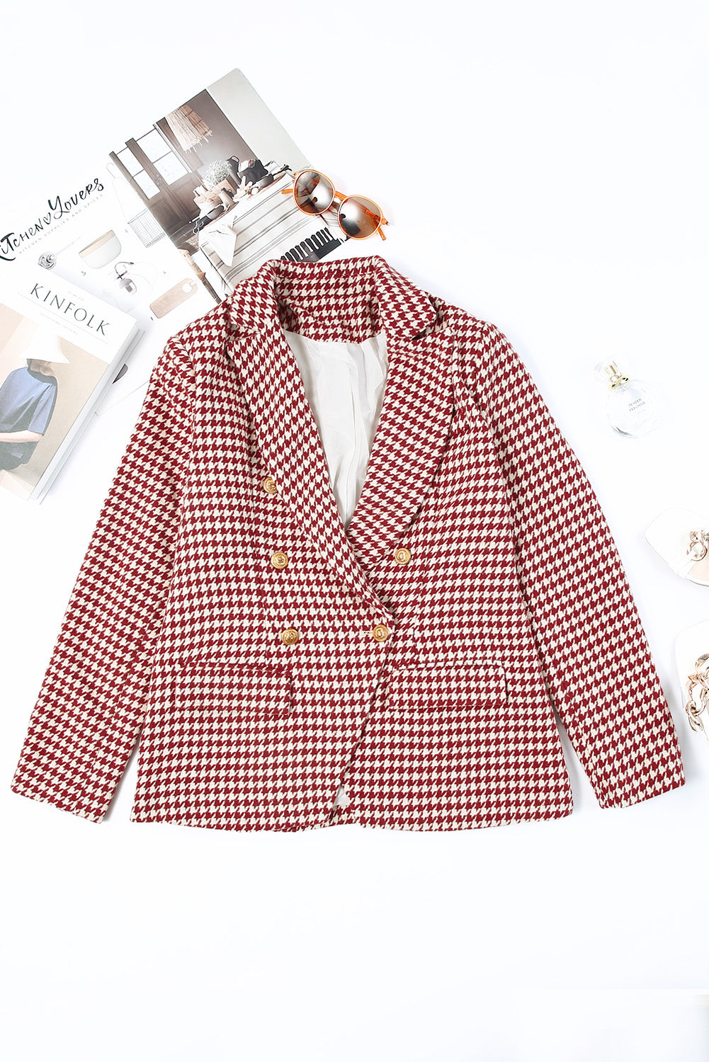 LIZAKOSHT  -  Houndstooth Collared Neck Double-Breasted Blazer