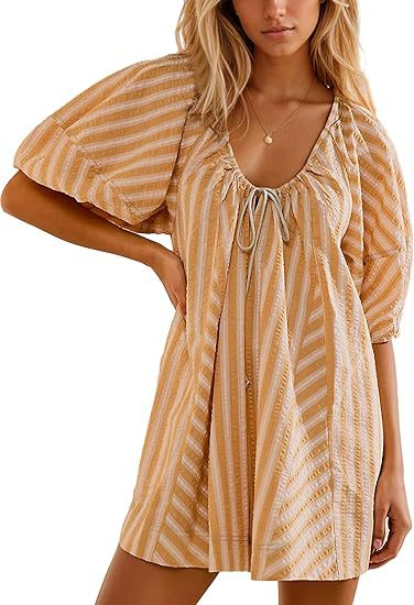 LIZAKOSHT  -  Womens Striped Romper Casual Loose Puff Sleeve Wide Leg Jumpsuit Overall with Pockets