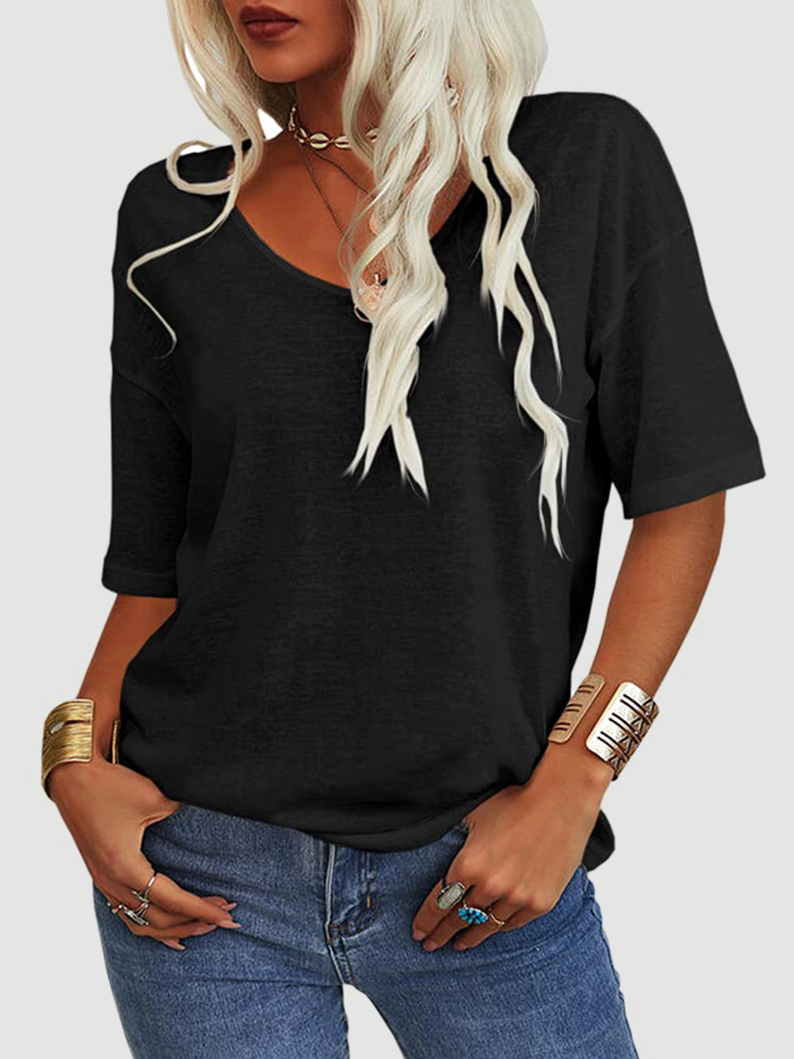 LIZAKOSHT  -  V-Neck Dropped Shoulder Half Sleeve T-Shirt