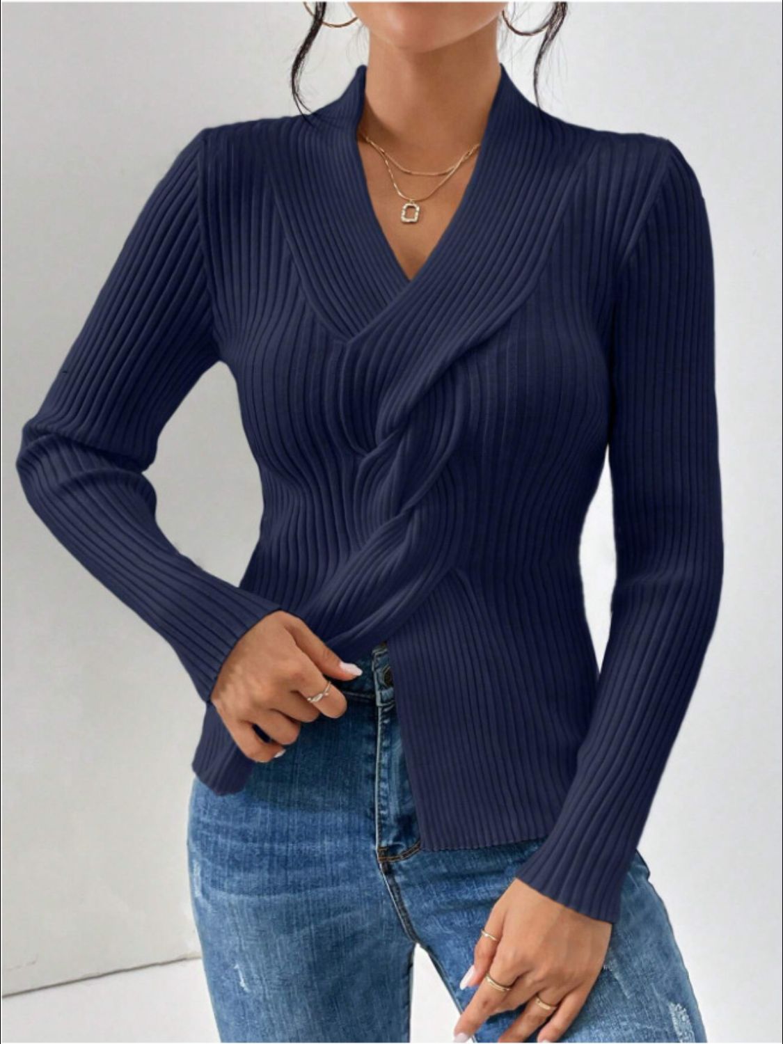 LIZAKOSHT  -  Twist Front Ribbed Long Sleeve Sweater