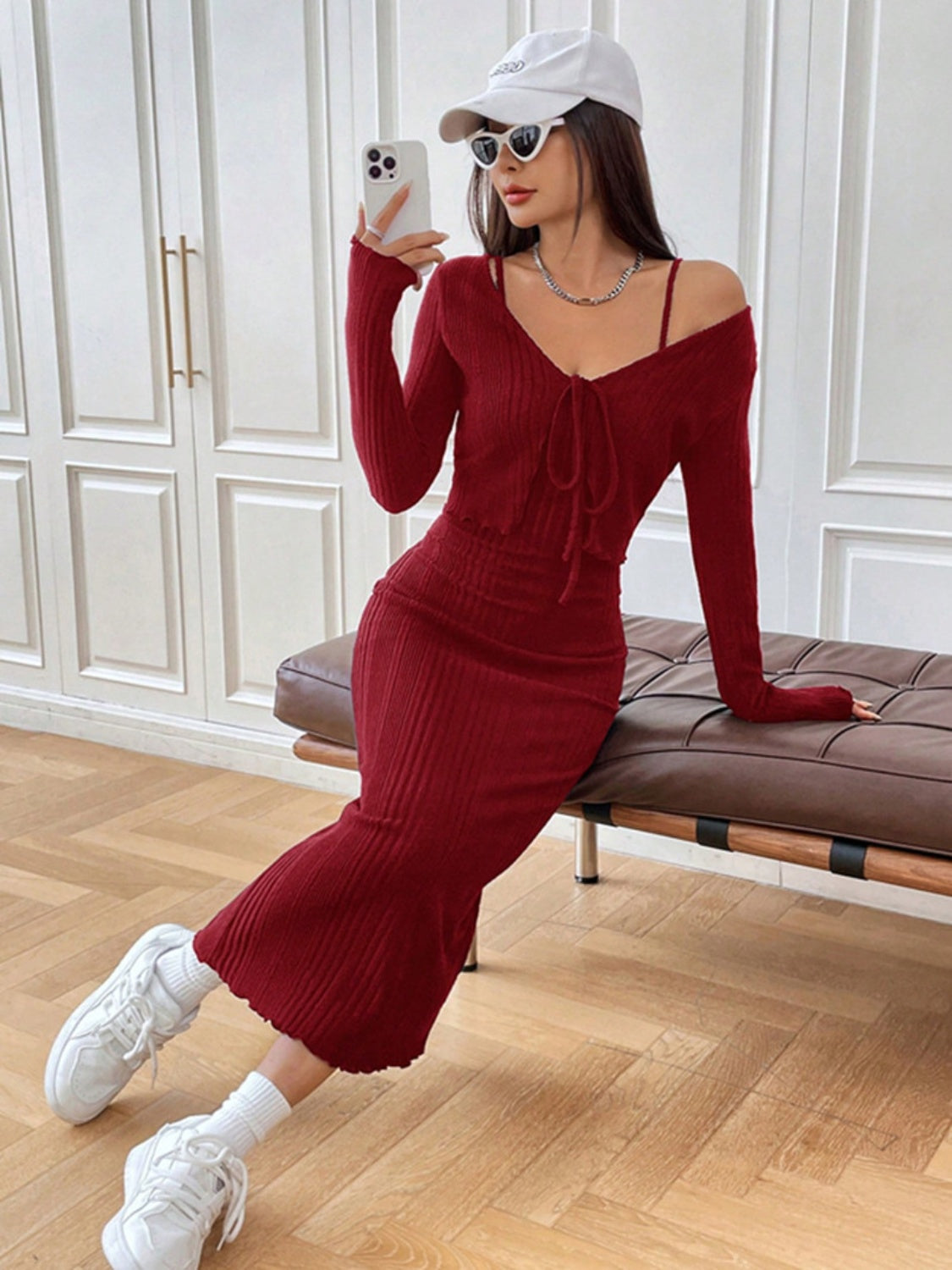 LIZAKOSHT  -  Cami Dress and Tied Long Sleeve Cardigan Set