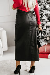 LIZAKOSHT  -  Slit PU Leather Midi Skirt