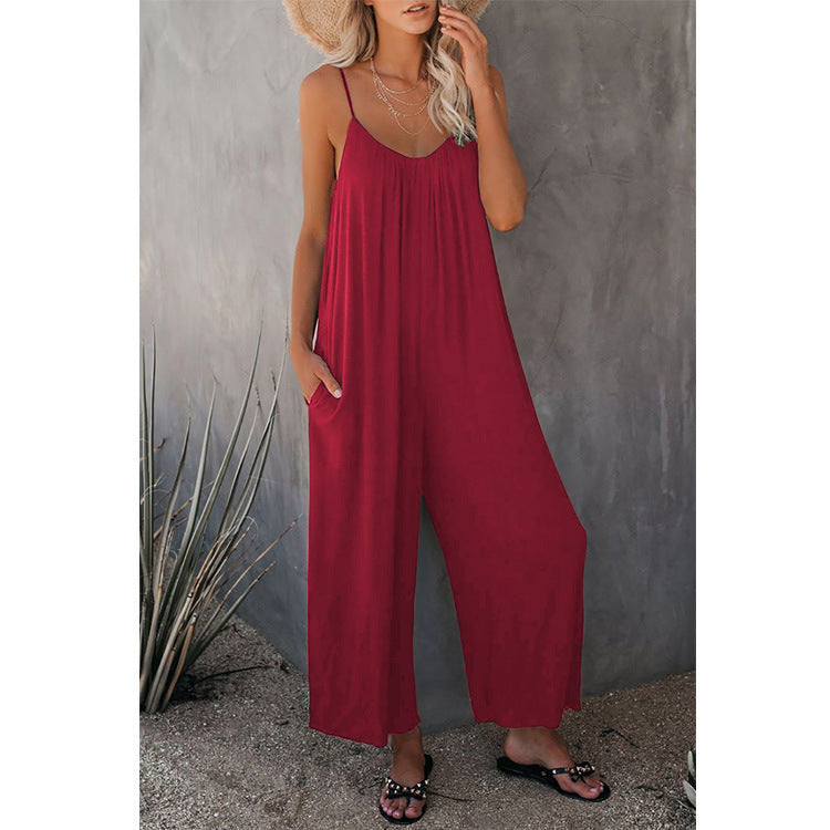 Women's Simple Adjustable Strap Sleeveless Wide Leg Jumpsuit with Pockets for Spring, Summer Clothes Women, Lady Breathable Solid Loose Cami Jumpsuit for Women, New Trendy Comfort Summer One-Piece, Matching Long Pants Playsuit, Womenswear Overalls