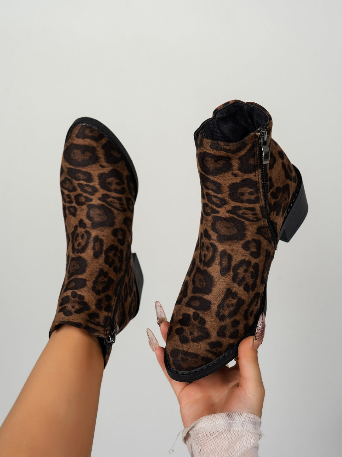 LIZAKOSHT  -  Leopard Point Toe Block Heel Boots