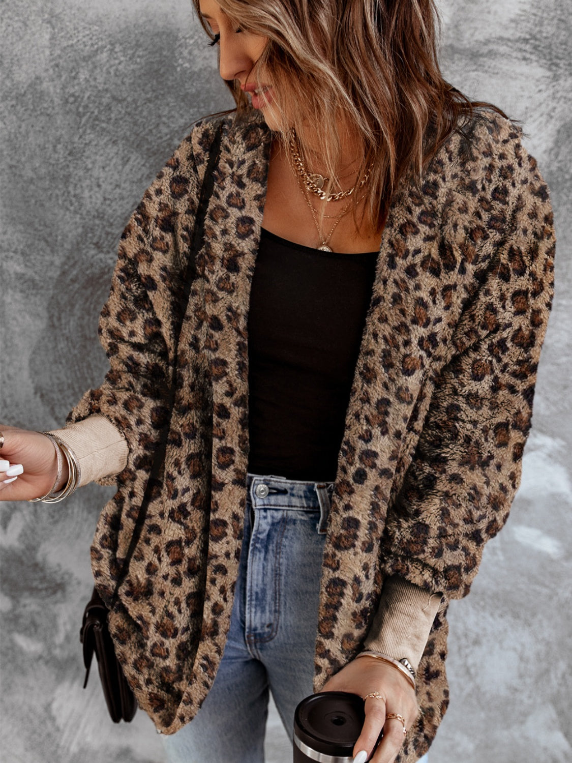 LIZAKOSHT  -  Fuzzy Leopard Long Sleeve Hooded Jacket