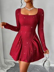 LIZAKOSHT  -  Backless Glitter Square Neck Long Sleeve Mini Dress