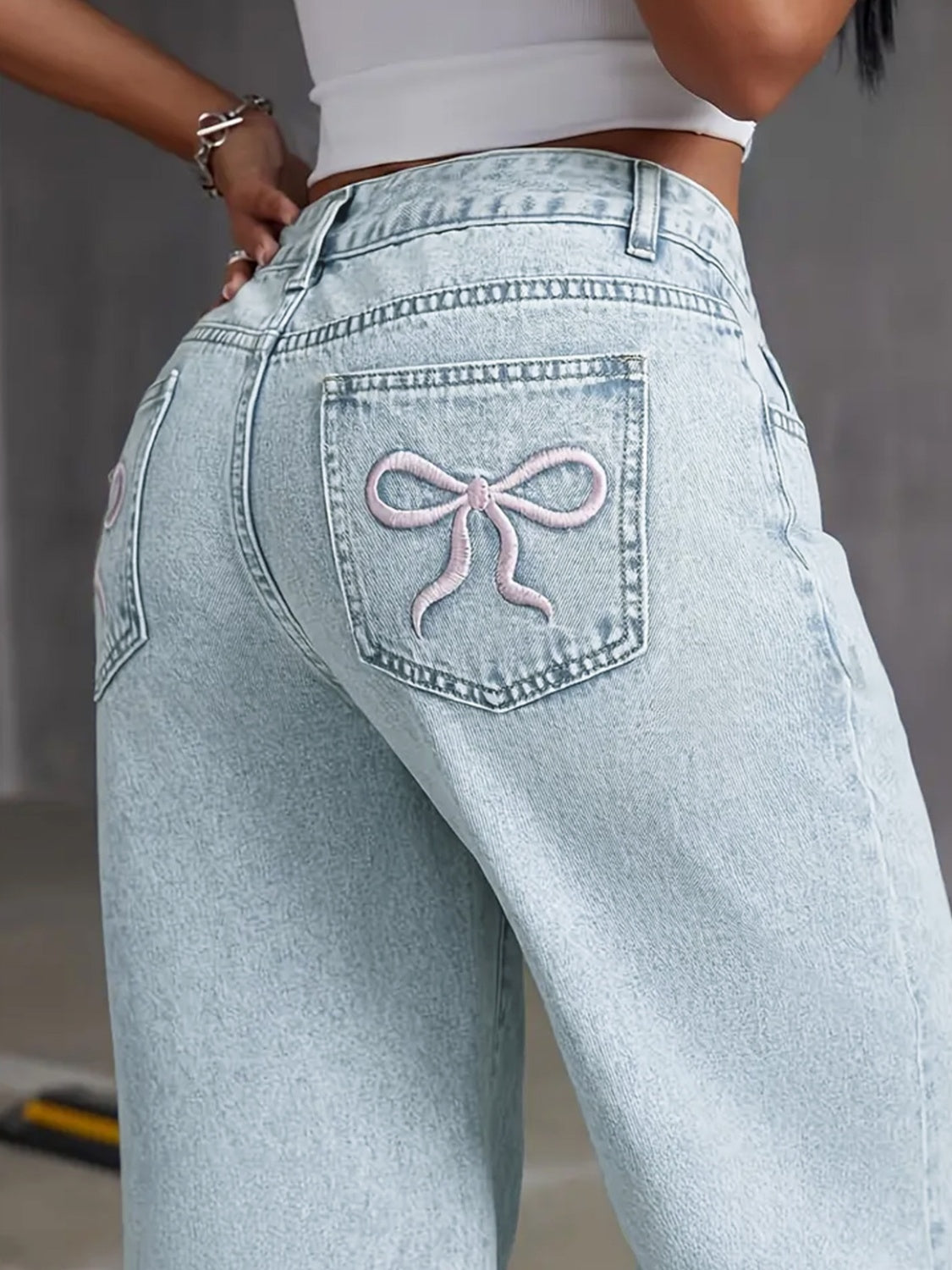 LIZAKOSHT  -  Bow Back Wide Leg Jeans with Pockets