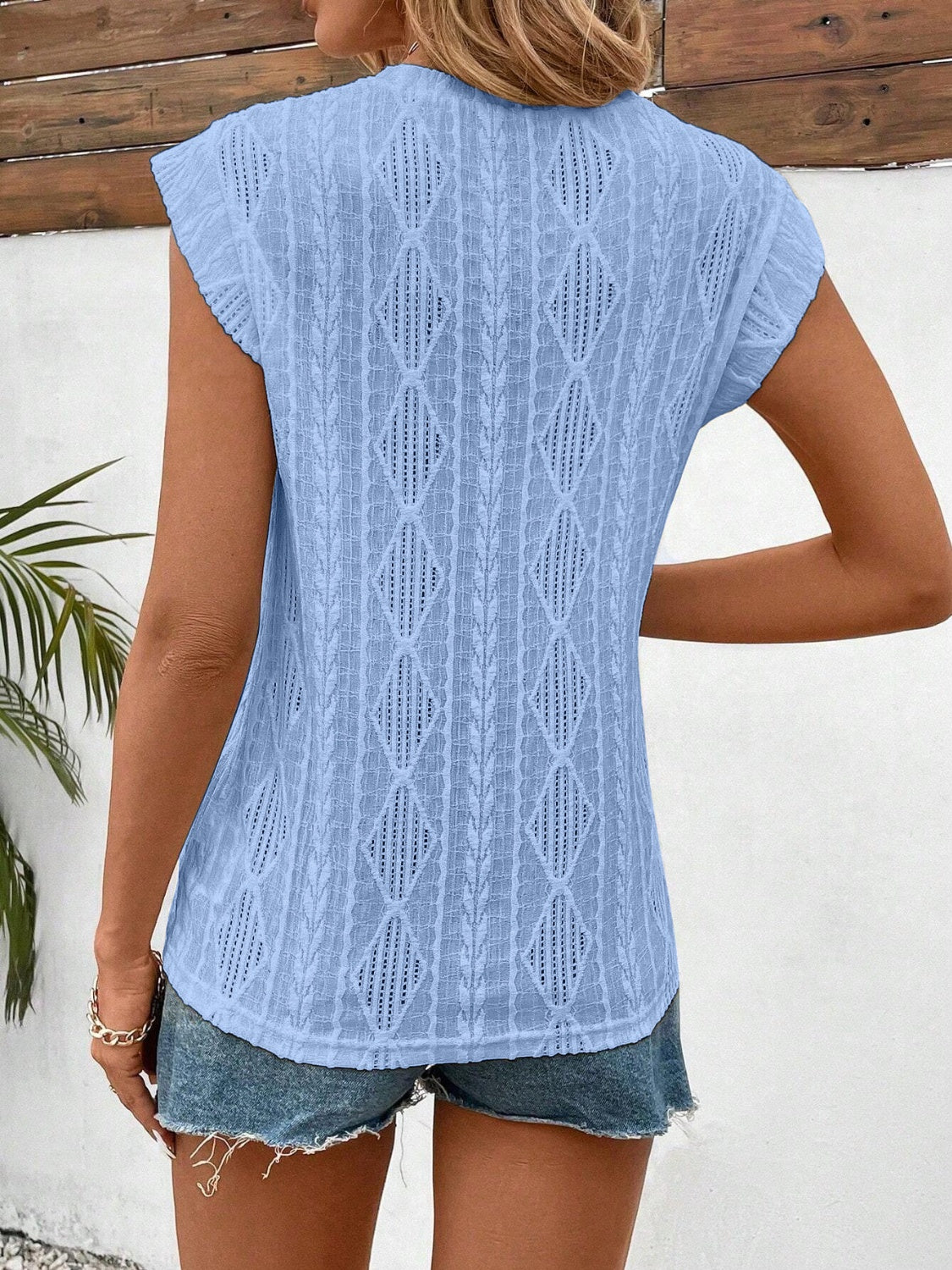 LIZAKOSHT  -  Openwork Round Neck Cap Sleeve Top