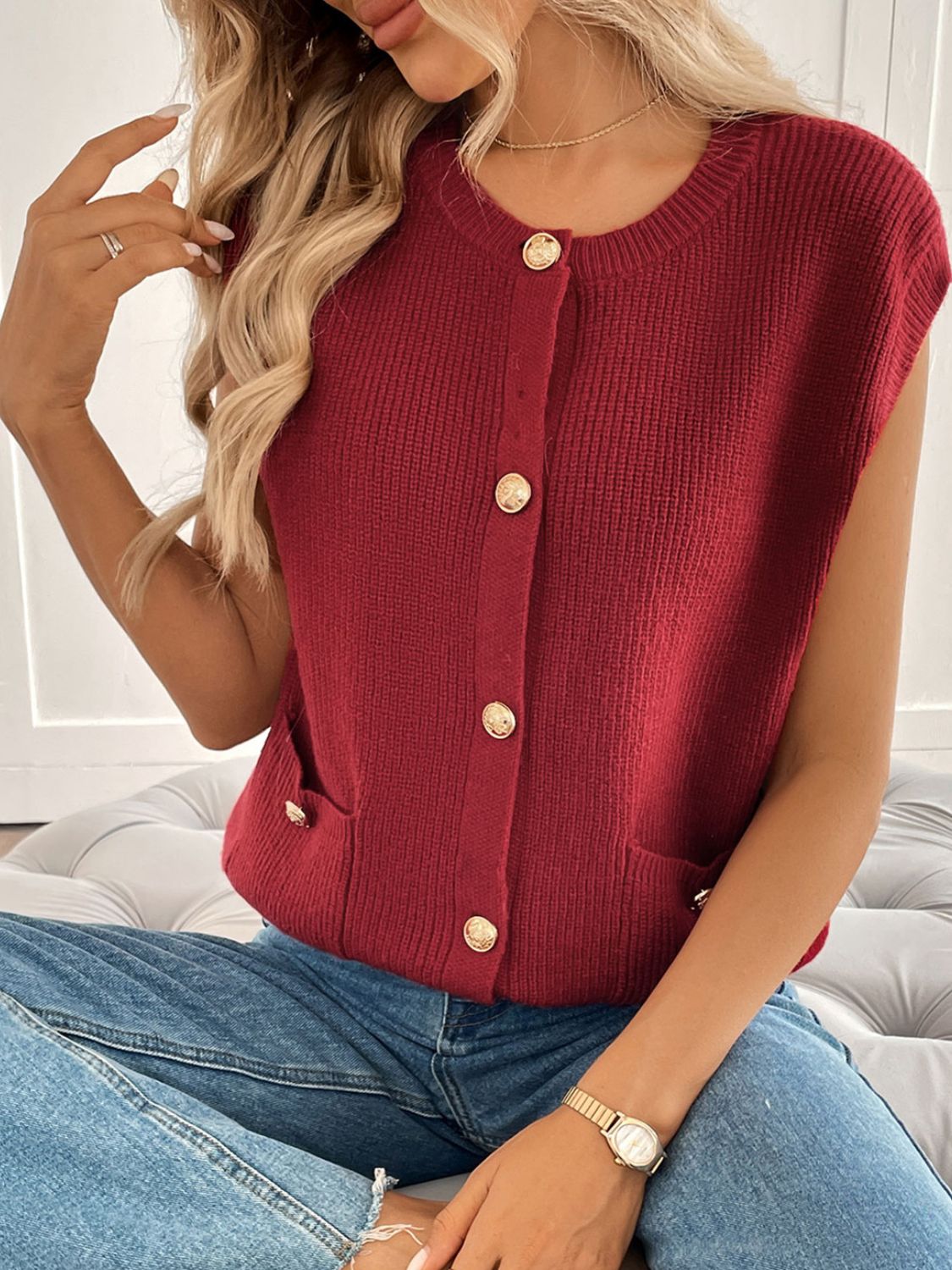 LIZAKOSHT  -  Perfee Pocketed Round Neck Cap Sleeve Cardigan