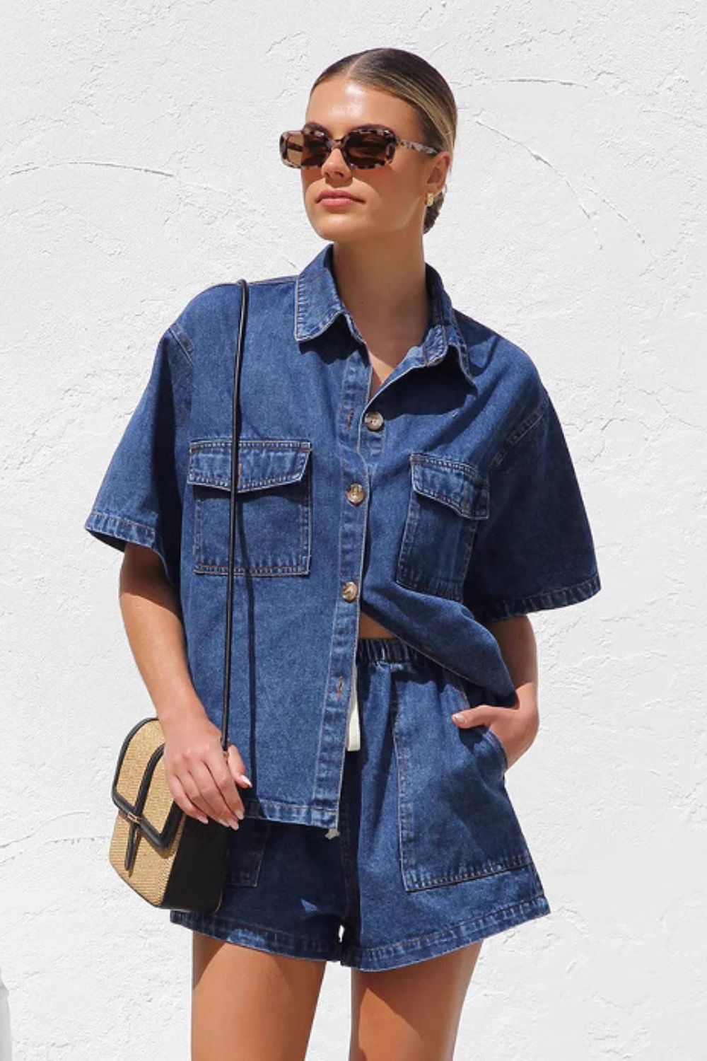 LIZAKOSHT  -  Collared Neck Button Up Top and Shorts Denim Set