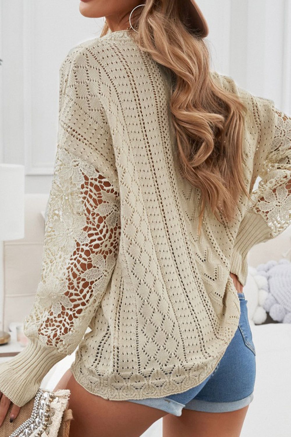 LIZAKOSHT  -  Openwork Round Neck Long Sleeve Sweater