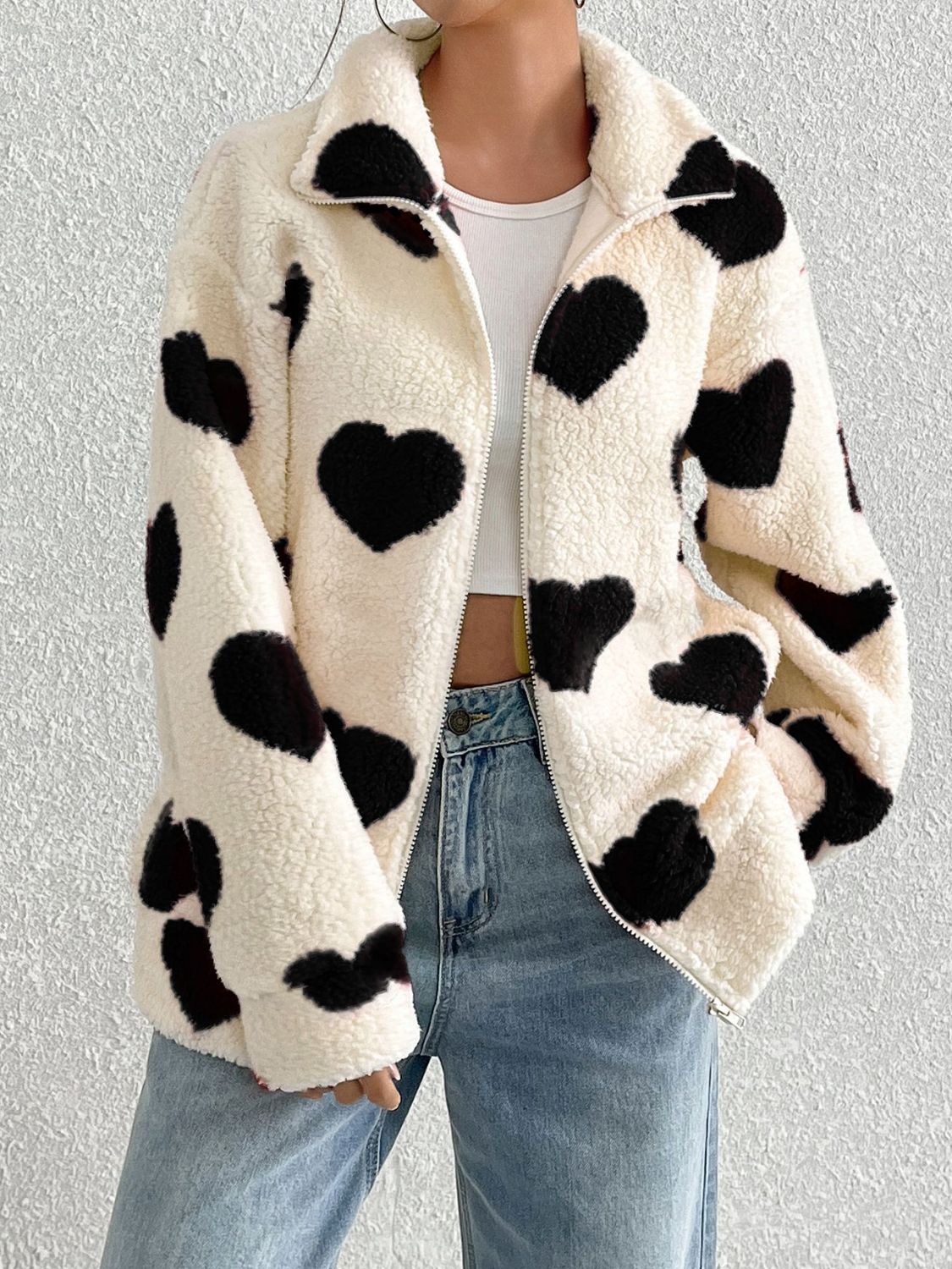 LIZAKOSHT  -  Heart Zip Up Drop Shoulder Furry Jacket