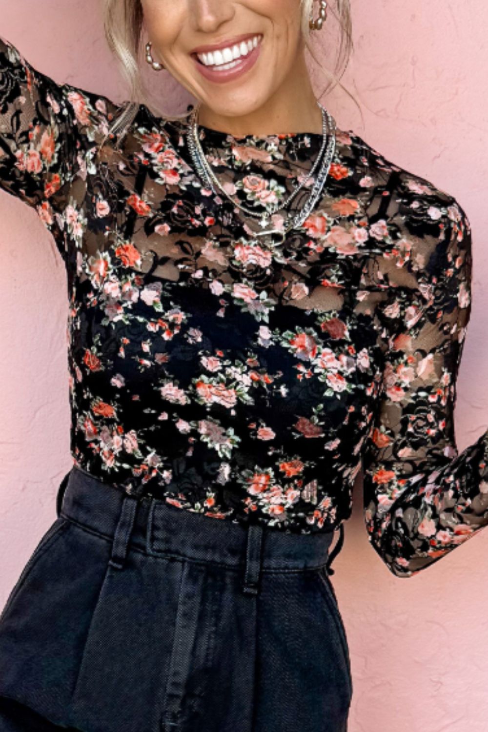 LIZAKOSHT  -  Floral Round Neck Long Sleeve Blouse