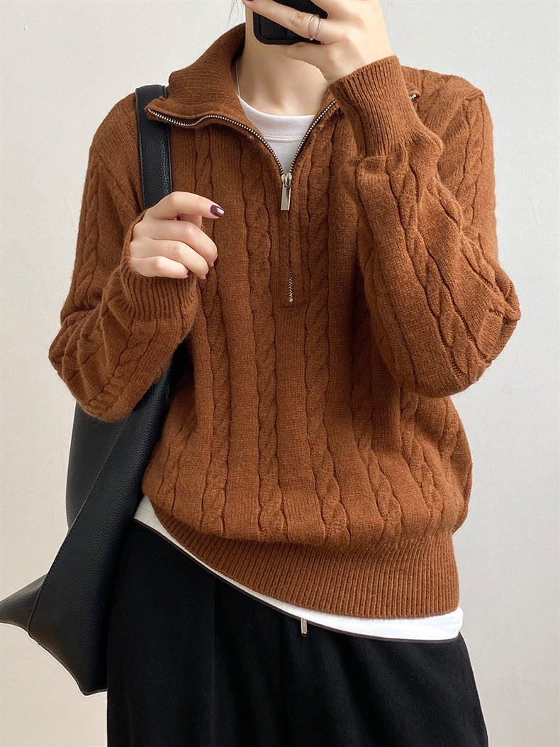 LIZAKOSHT  -  Cable-Knit Half Zip Long Sleeve Sweater