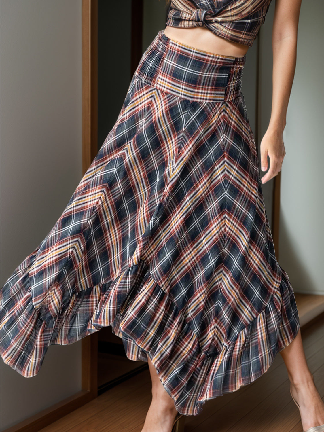 LIZAKOSHT  -  Plaid Asymmetrical Ruffle Hem Skirt