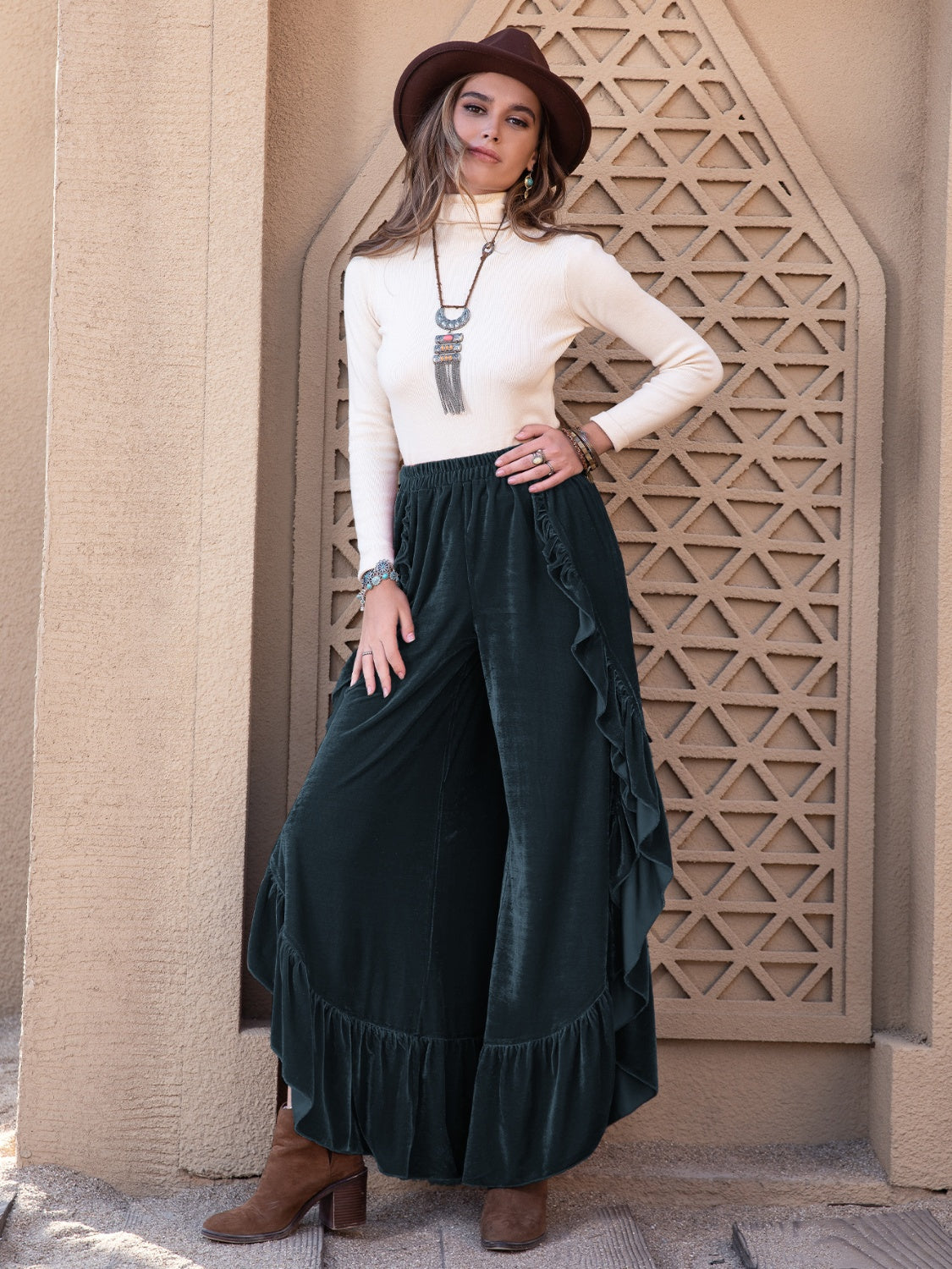 LIZAKOSHT  -  Ruffle Trim Wide Leg Slit Pants