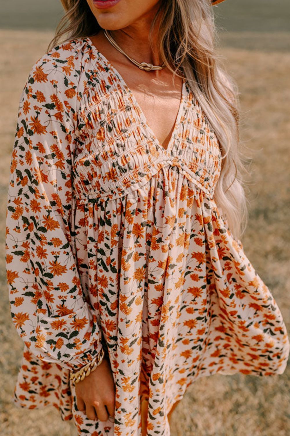 LIZAKOSHT  -  Smocked Printed V-Neck Long Sleeve Dress