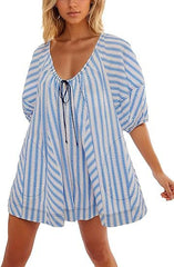 LIZAKOSHT  -  Womens Striped Romper Casual Loose Puff Sleeve Wide Leg Jumpsuit Overall with Pockets