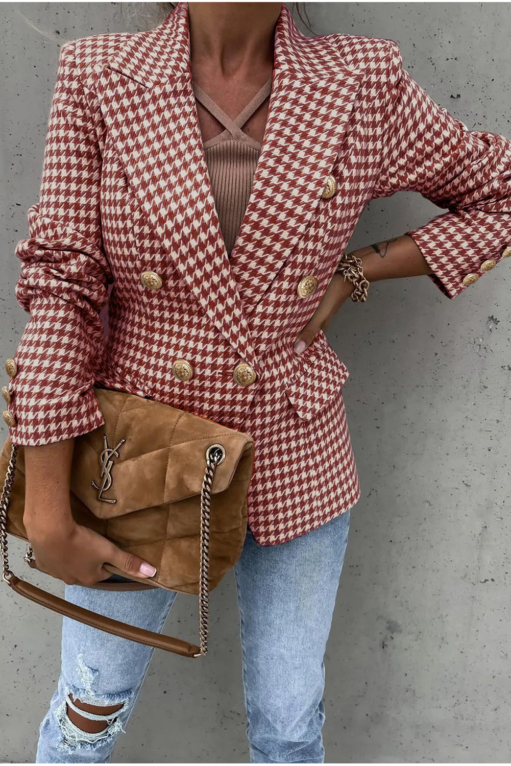 LIZAKOSHT  -  Houndstooth Collared Neck Double-Breasted Blazer