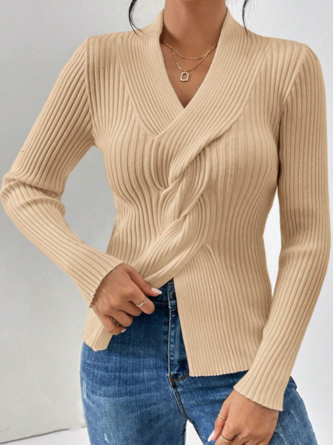 LIZAKOSHT  -  Twist Front Ribbed Long Sleeve Sweater