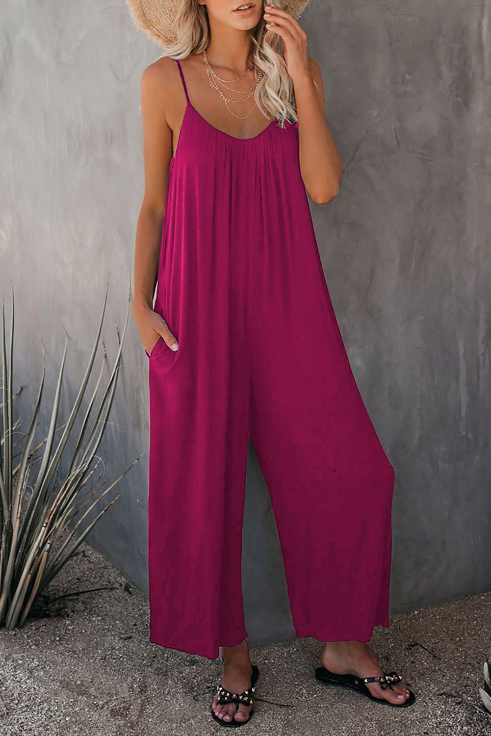Women's Simple Adjustable Strap Sleeveless Wide Leg Jumpsuit with Pockets for Spring, Summer Clothes Women, Lady Breathable Solid Loose Cami Jumpsuit for Women, New Trendy Comfort Summer One-Piece, Matching Long Pants Playsuit, Womenswear Overalls