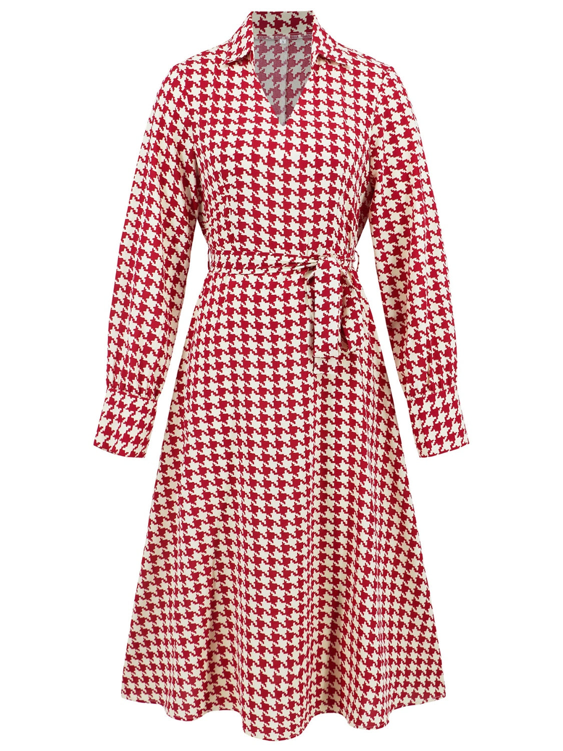 LIZAKOSHT  -  Tied Houndstooth Long Sleeve Midi Dress