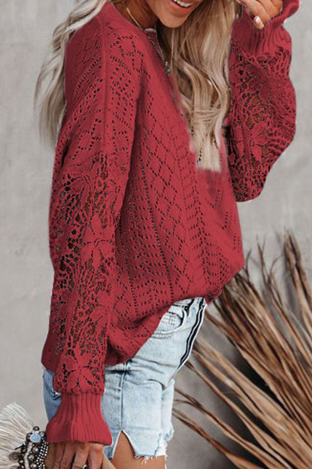 LIZAKOSHT  -  Openwork Round Neck Long Sleeve Sweater