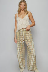 LIZAKOSHT  -  POL Lace Trim Drawstring Checkered Wide Leg Pants