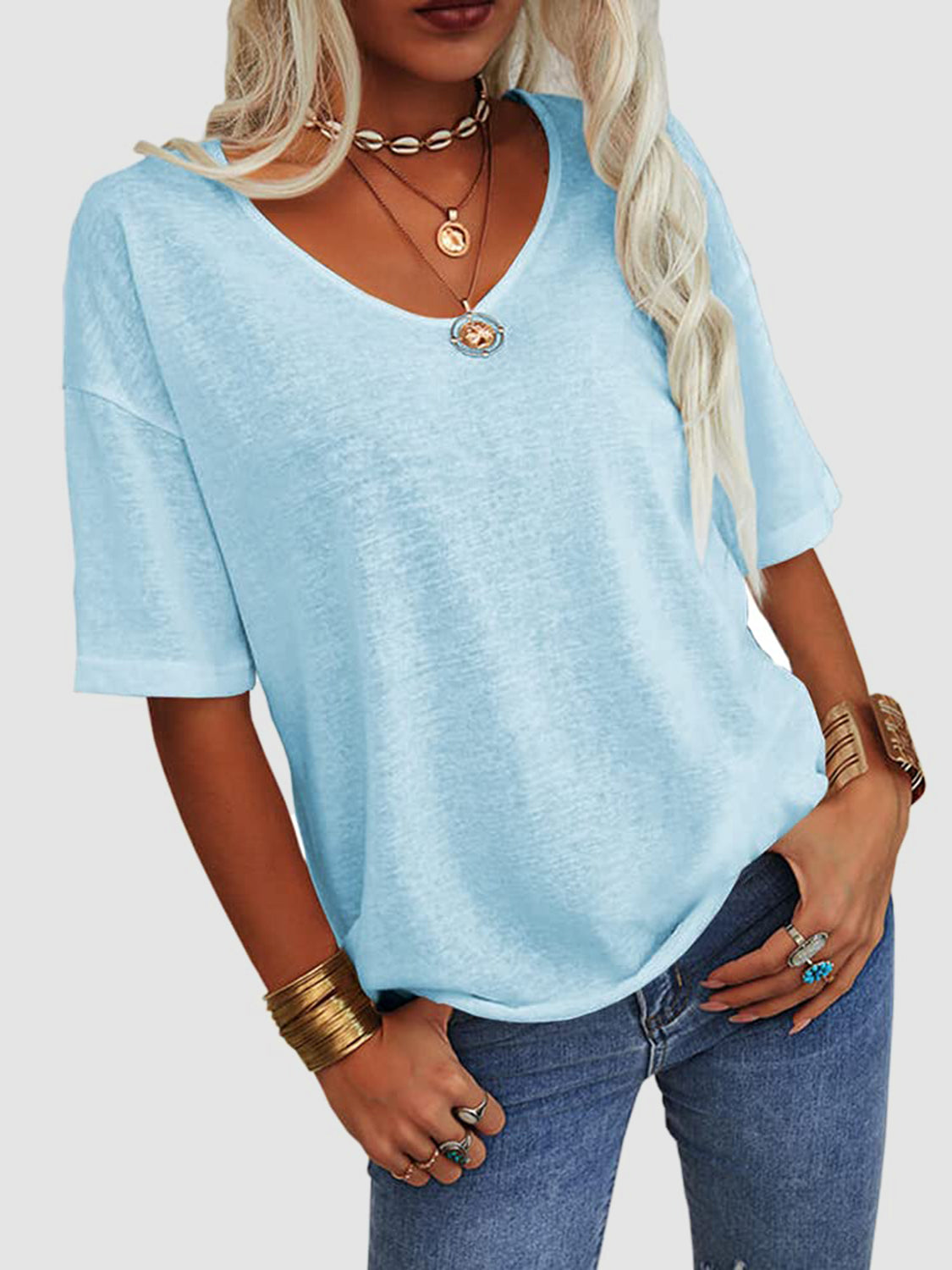 LIZAKOSHT  -  V-Neck Dropped Shoulder Half Sleeve T-Shirt