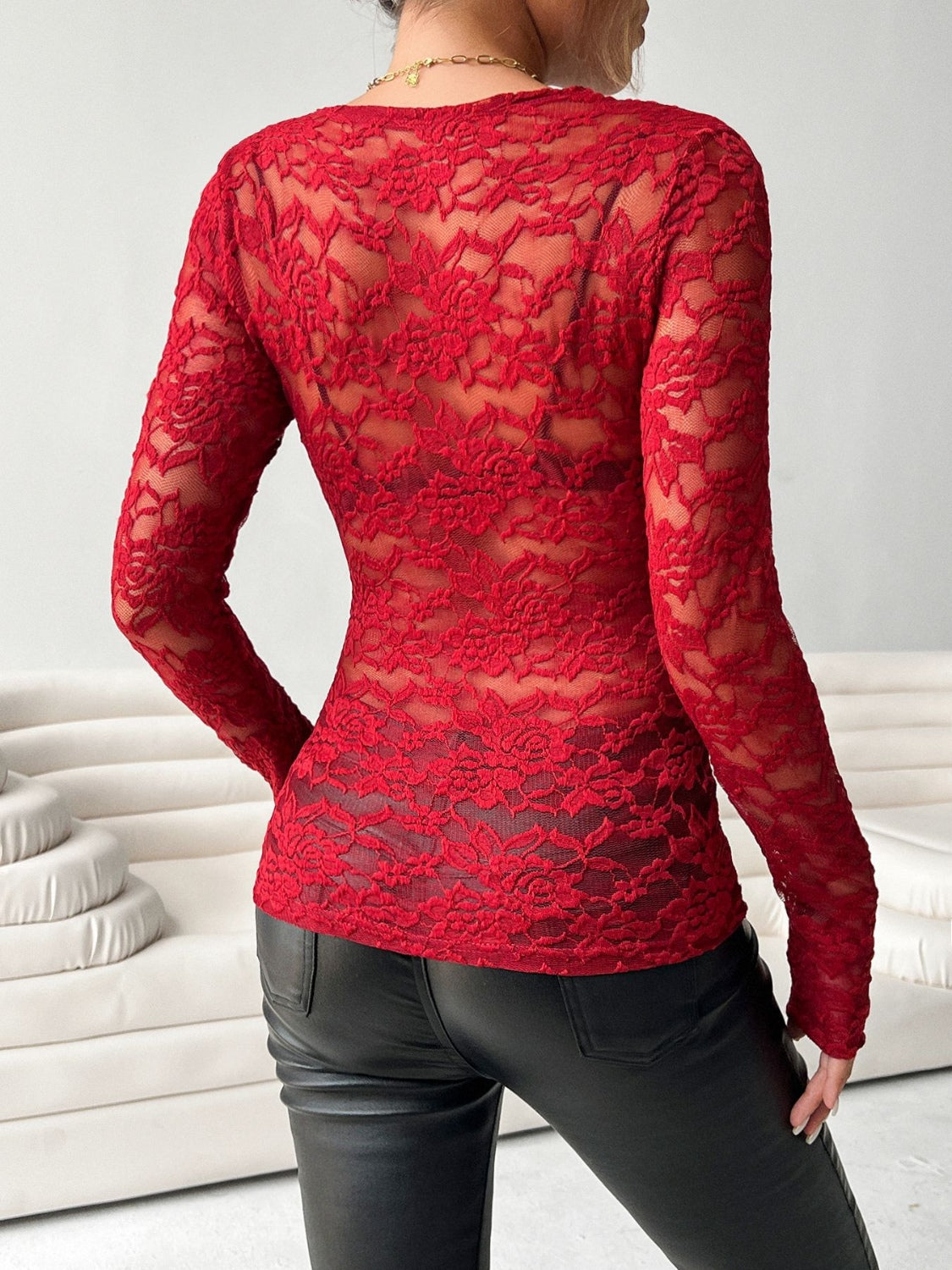 LIZAKOSHT  -  V-Neck Long Sleeve Lace Top