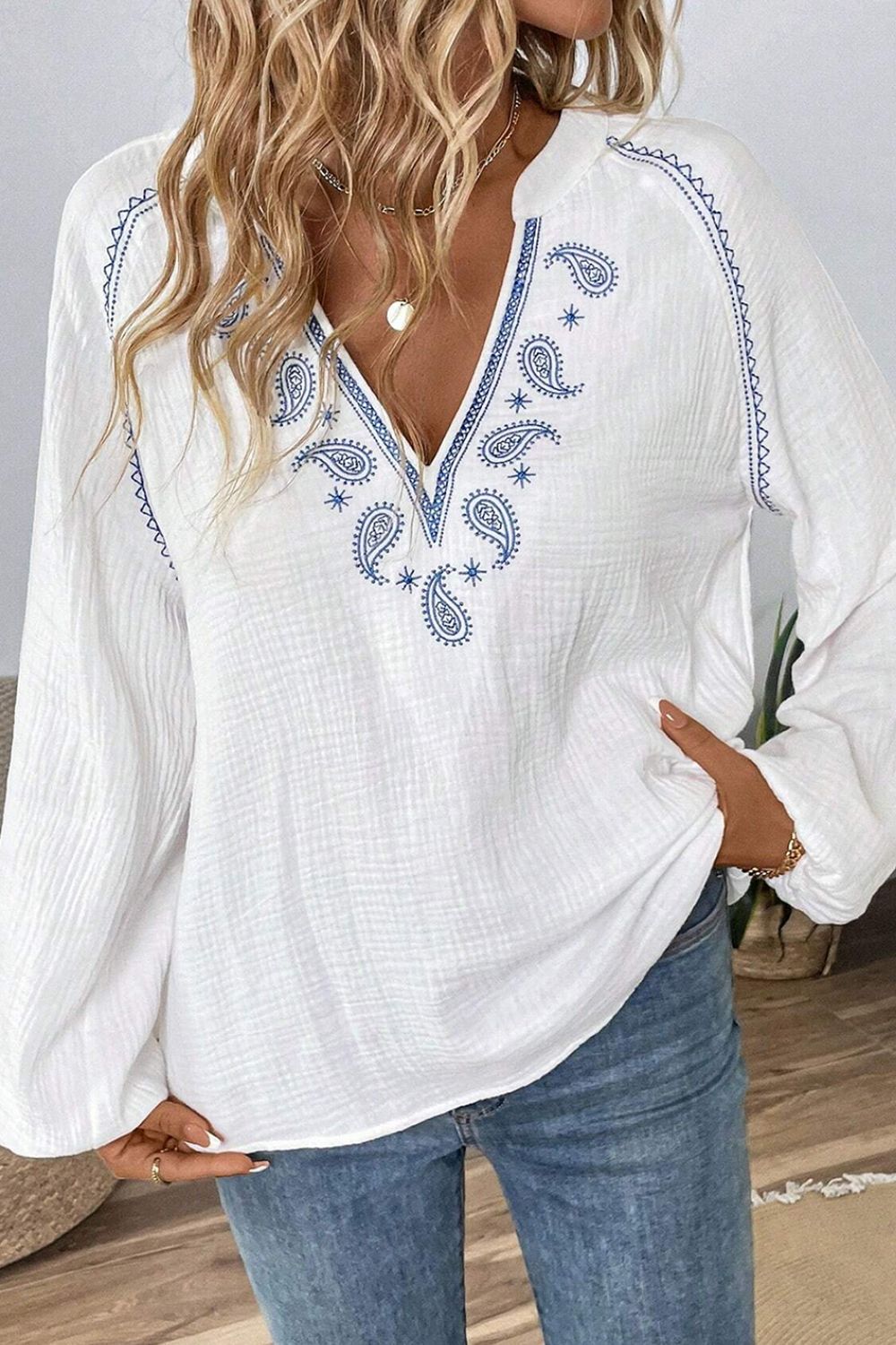 LIZAKOSHT  -  Embroidered Notched Long Sleeve Blouse